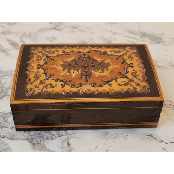 Lacquered Wood Box Marketry Inlaid Domed Hinged Handmade Jewelry Cigarette Box - Picture 1 of 10